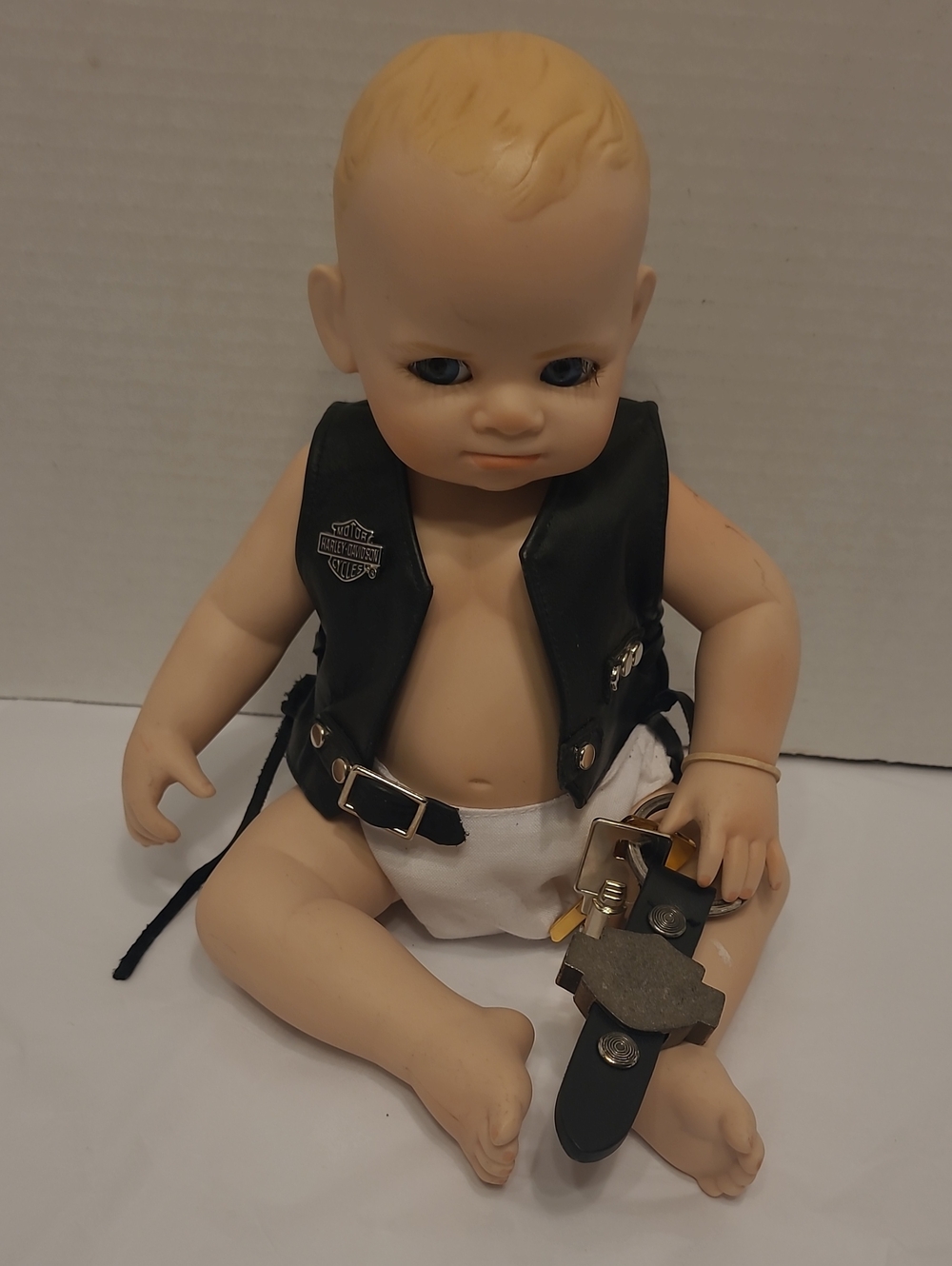 Vintage Franklin Heirloom Harley Davidson 1998 Porcelain Baby Doll w Keys